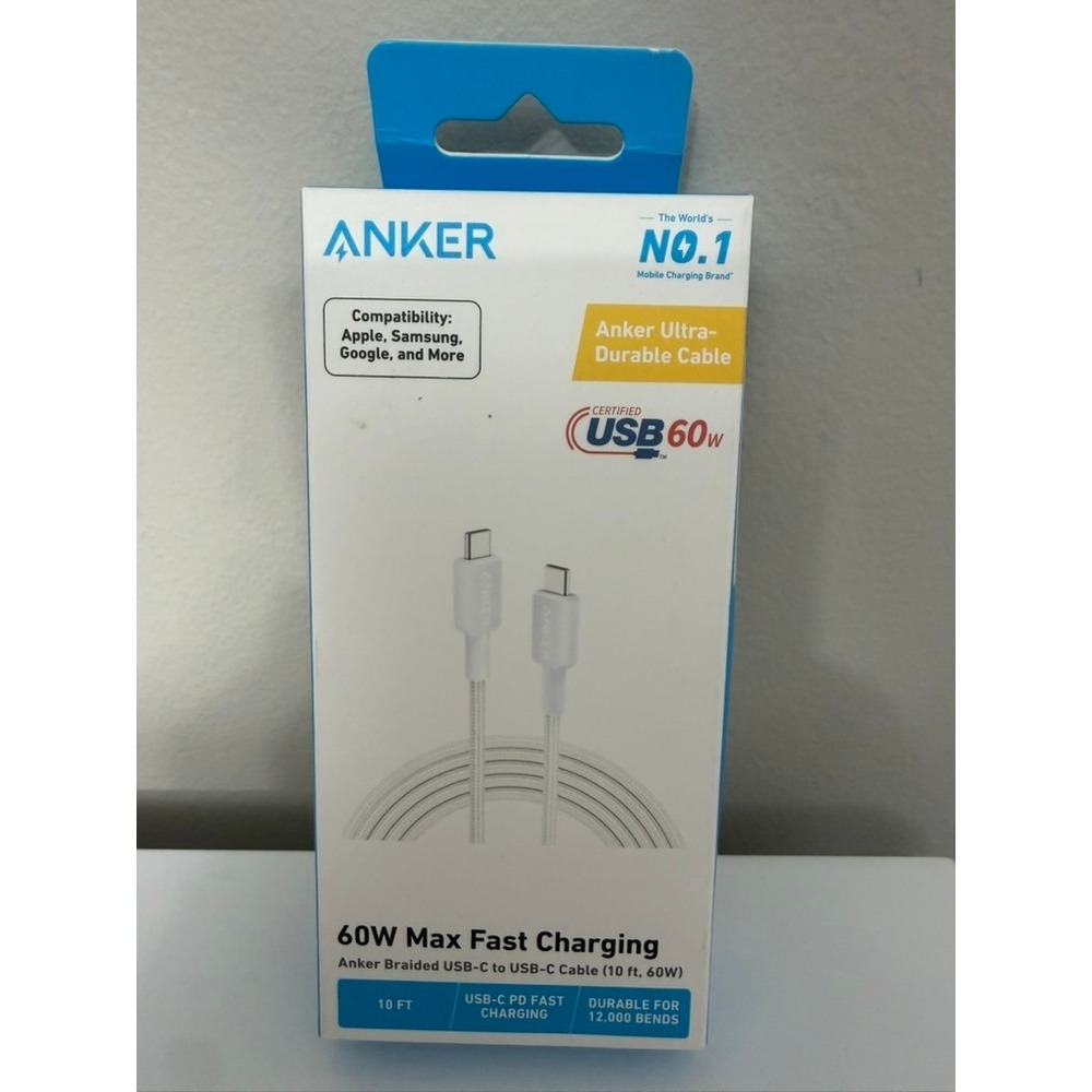 Anker USB-C to USB-C Cable Unisex 10ft White Braided 60W Fast Charge NWT